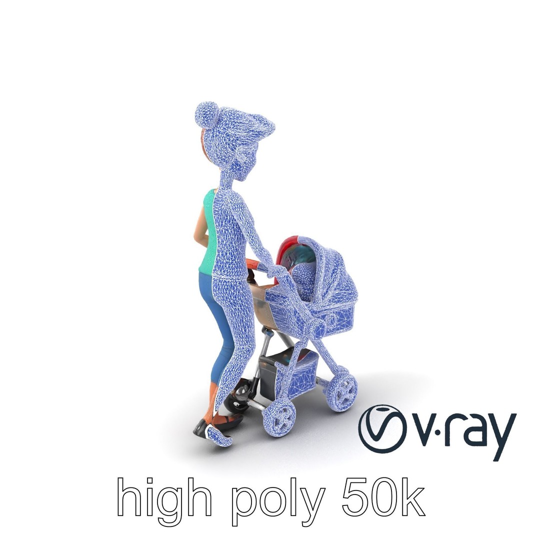 Cartoon Woman with Stroller 3D Model – Low Poly Game Asset, FBX - View 11