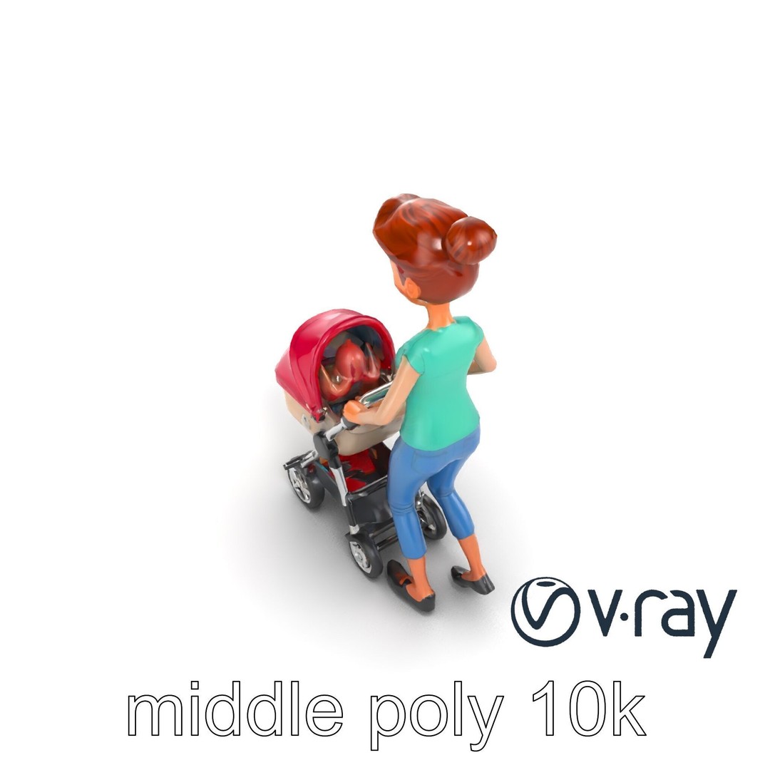 Cartoon Woman with Stroller 3D Model – Low Poly Game Asset, FBX - View 12