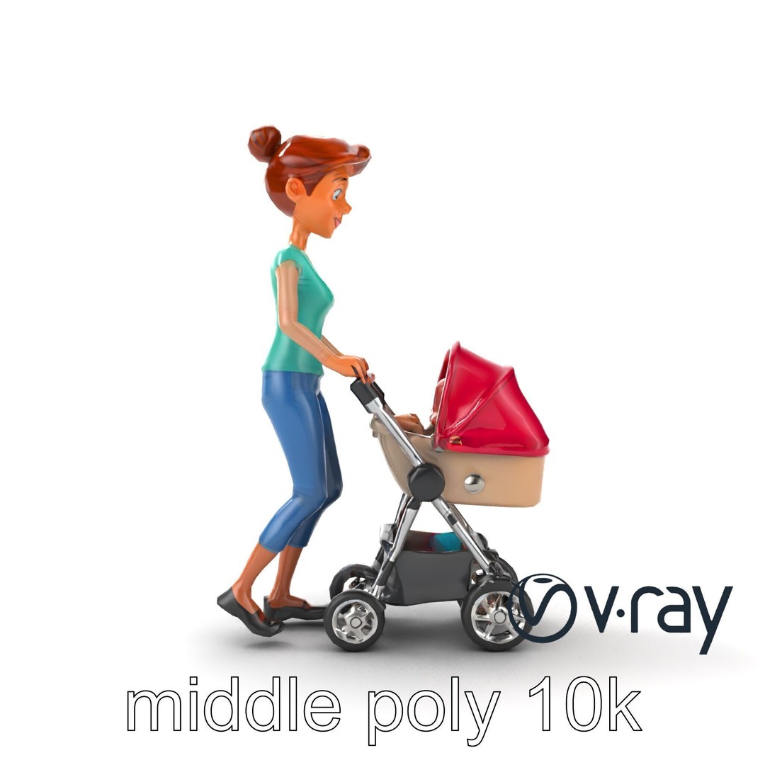 Cartoon Woman with Stroller 3D Model – Low Poly Game Asset, FBX - View 13