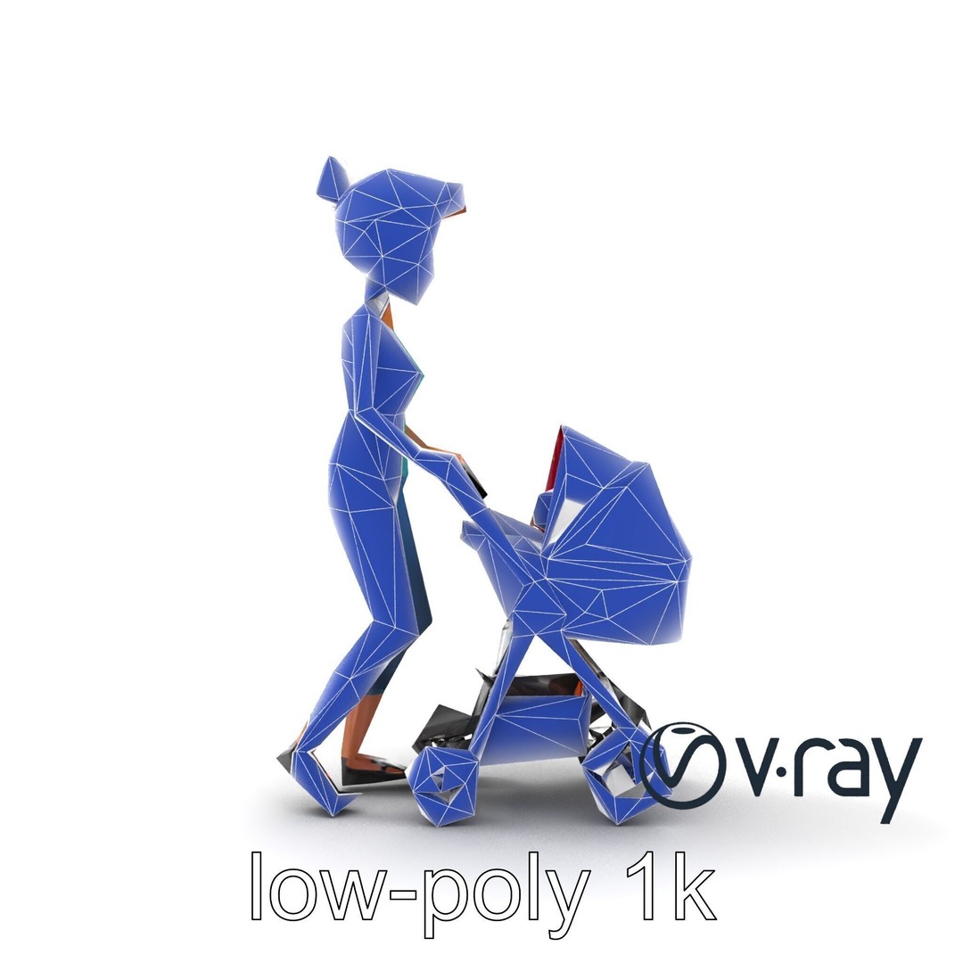 Cartoon Woman with Stroller 3D Model – Low Poly Game Asset, FBX - View 14