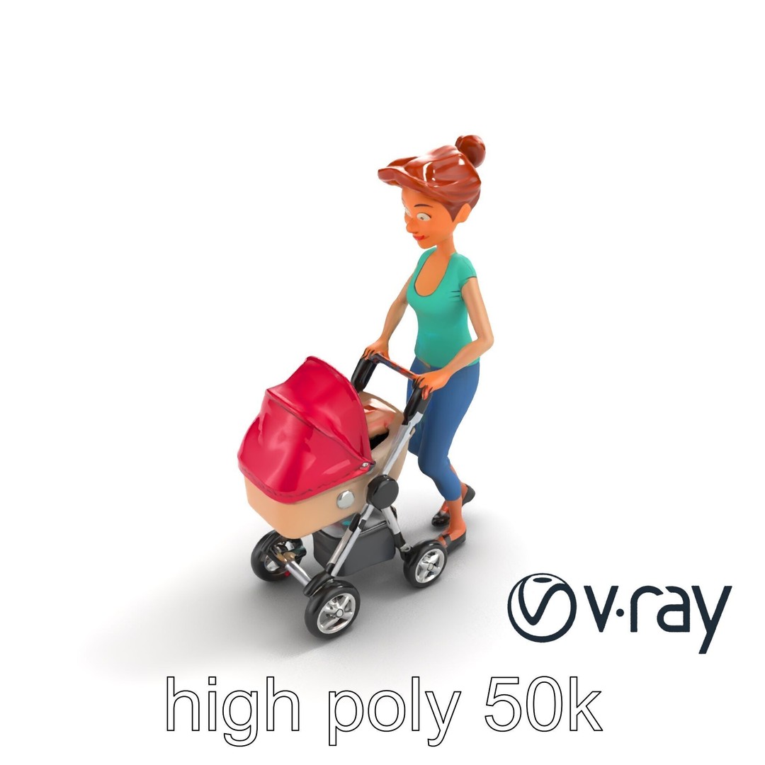Cartoon Woman with Stroller 3D Model – Low Poly Game Asset, FBX - View 15