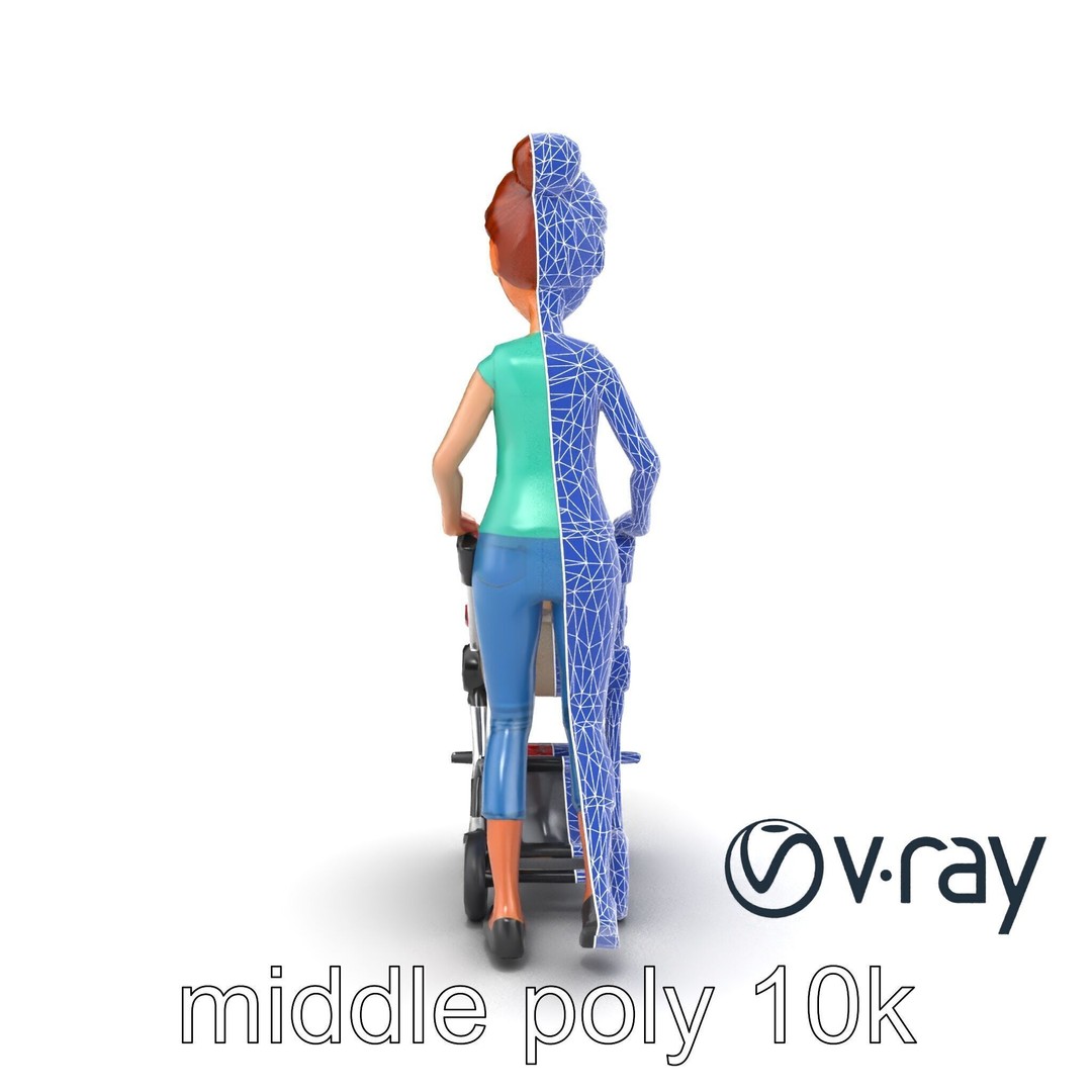 Cartoon Woman with Stroller 3D Model – Low Poly Game Asset, FBX - View 16
