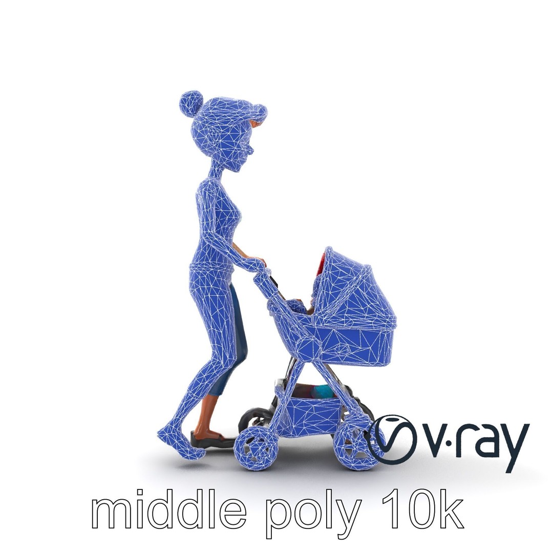 Cartoon Woman with Stroller 3D Model – Low Poly Game Asset, FBX - View 17