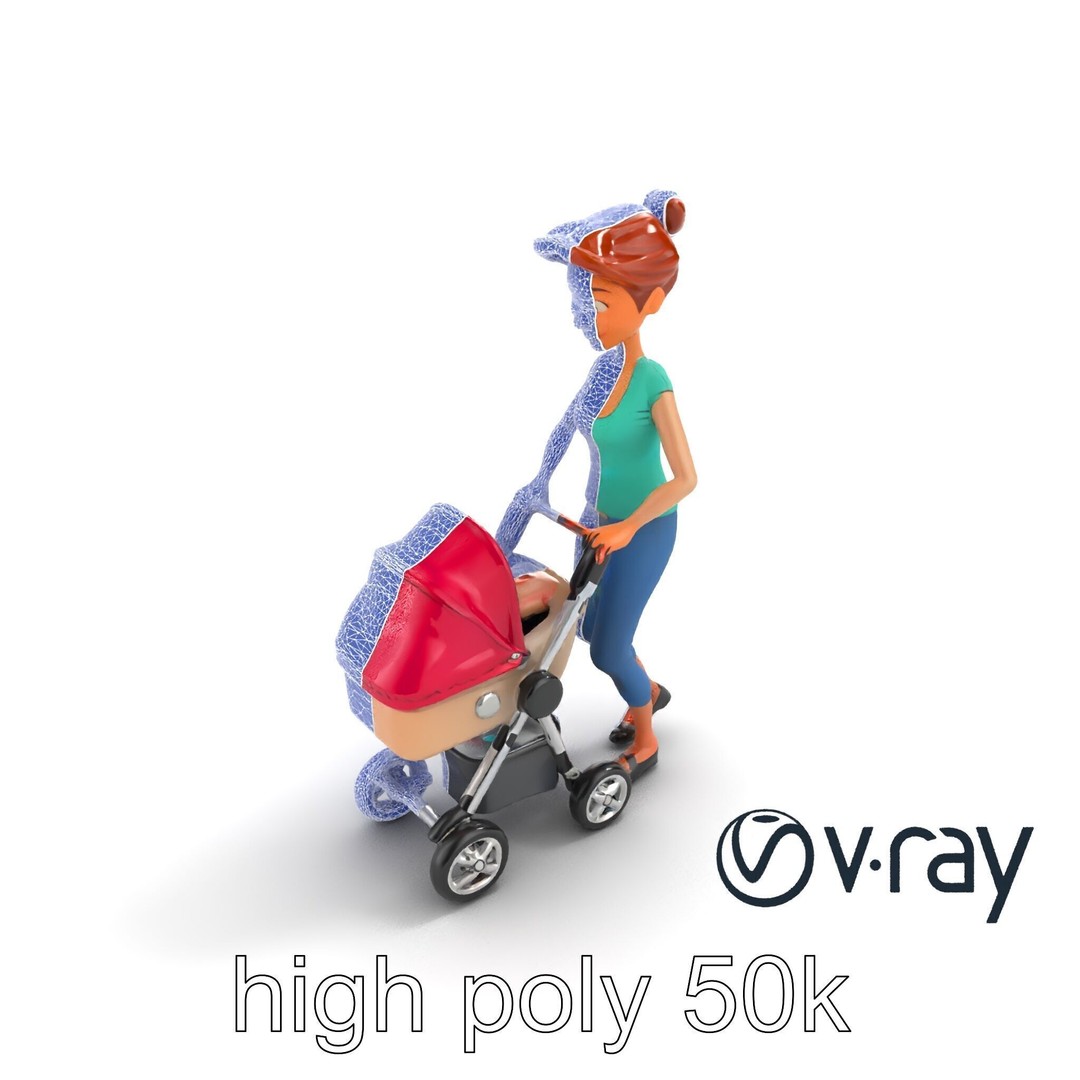 Cartoon Woman with Stroller 3D Model – Low Poly Game Asset, FBX - View 18