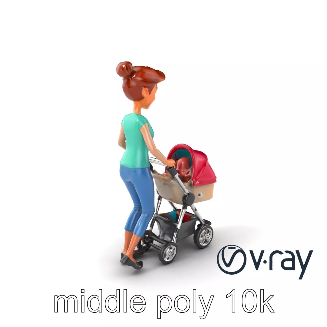 Cartoon Woman with Stroller 3D Model – Low Poly Game Asset, FBX - View 2