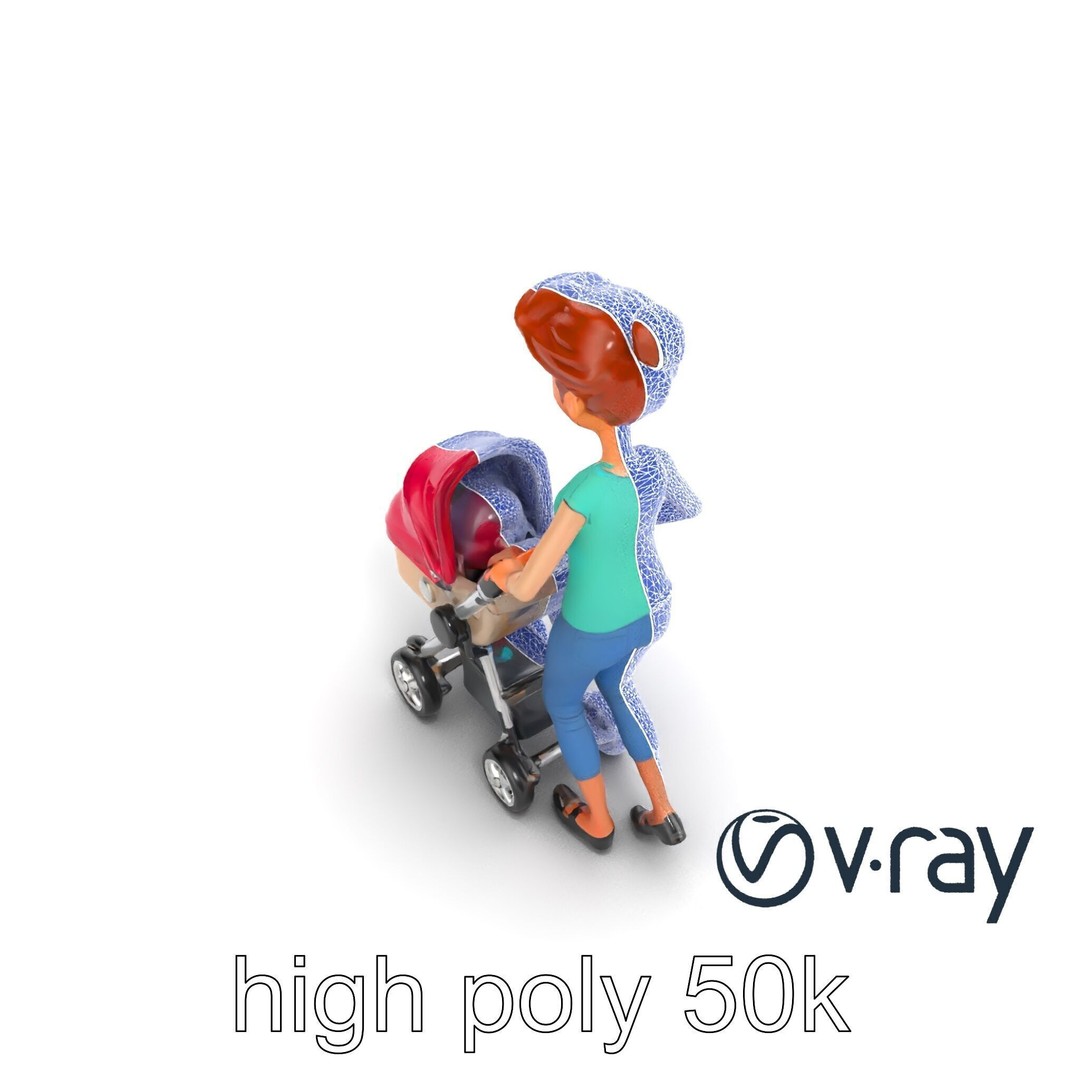 Cartoon Woman with Stroller 3D Model – Low Poly Game Asset, FBX - View 20