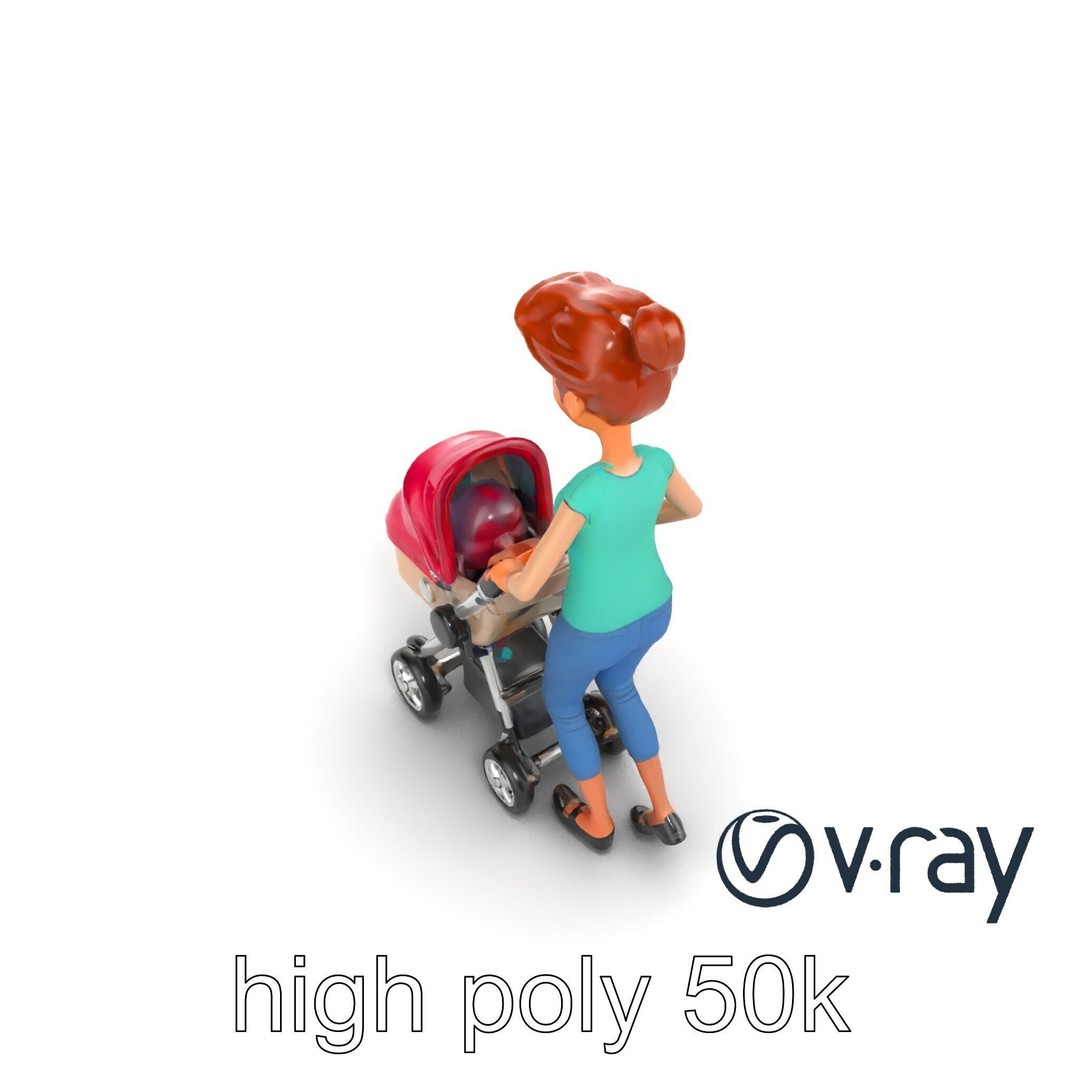 Cartoon Woman with Stroller 3D Model – Low Poly Game Asset, FBX - View 21