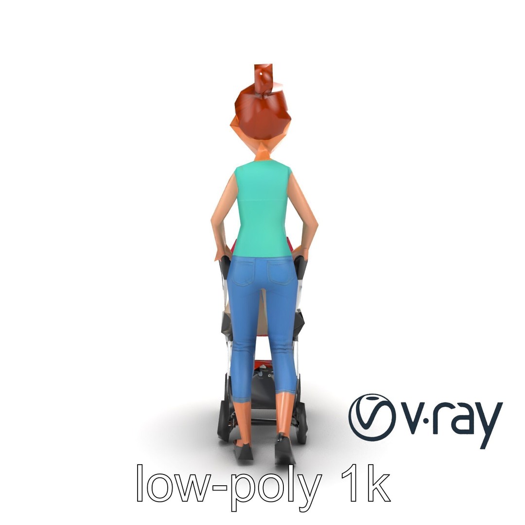 Cartoon Woman with Stroller 3D Model – Low Poly Game Asset, FBX - View 22