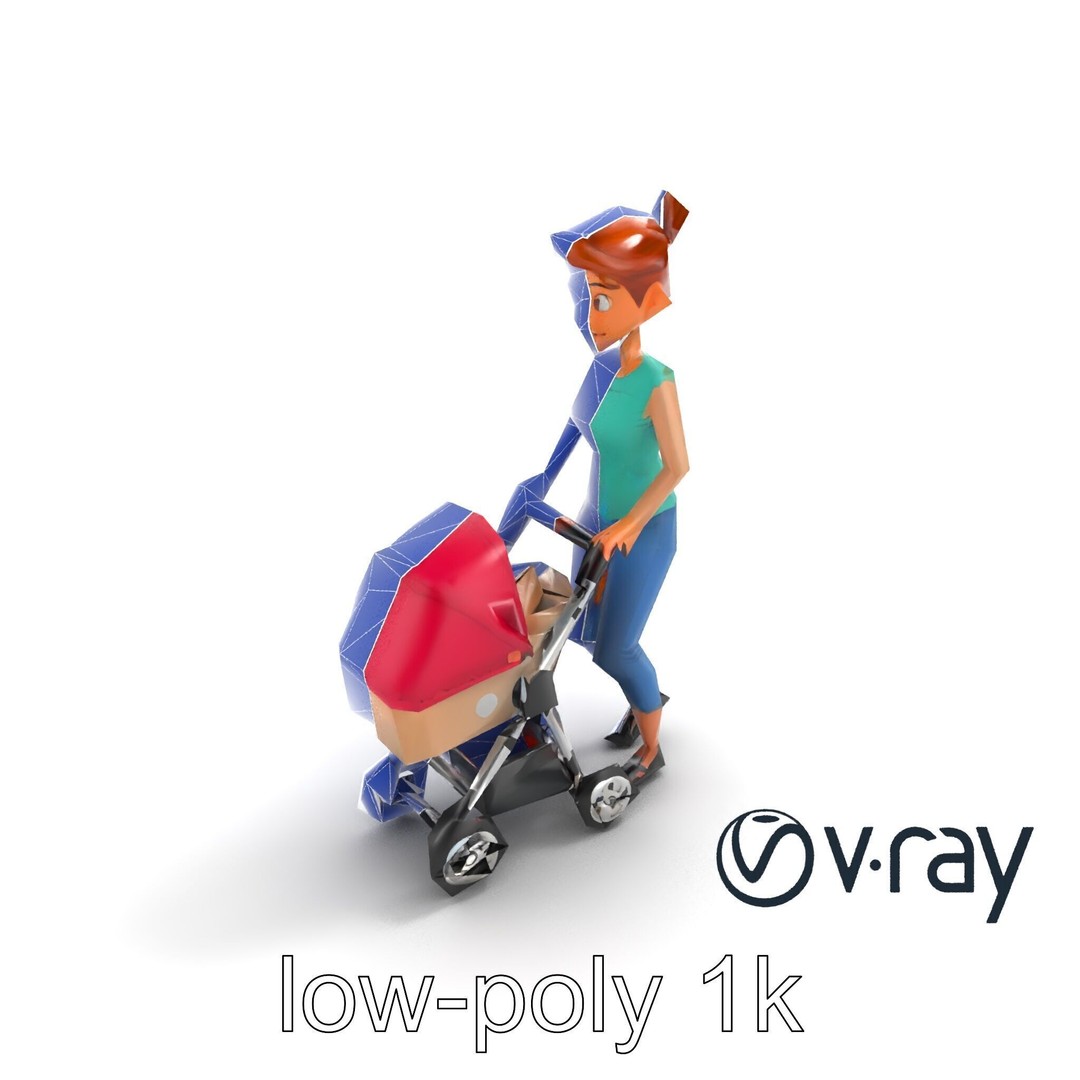 Cartoon Woman with Stroller 3D Model – Low Poly Game Asset, FBX - View 24