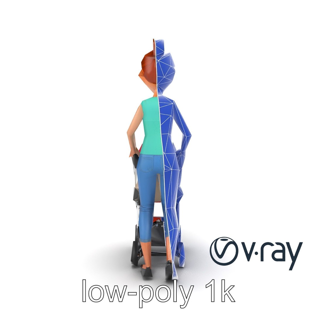 Cartoon Woman with Stroller 3D Model – Low Poly Game Asset, FBX - View 25