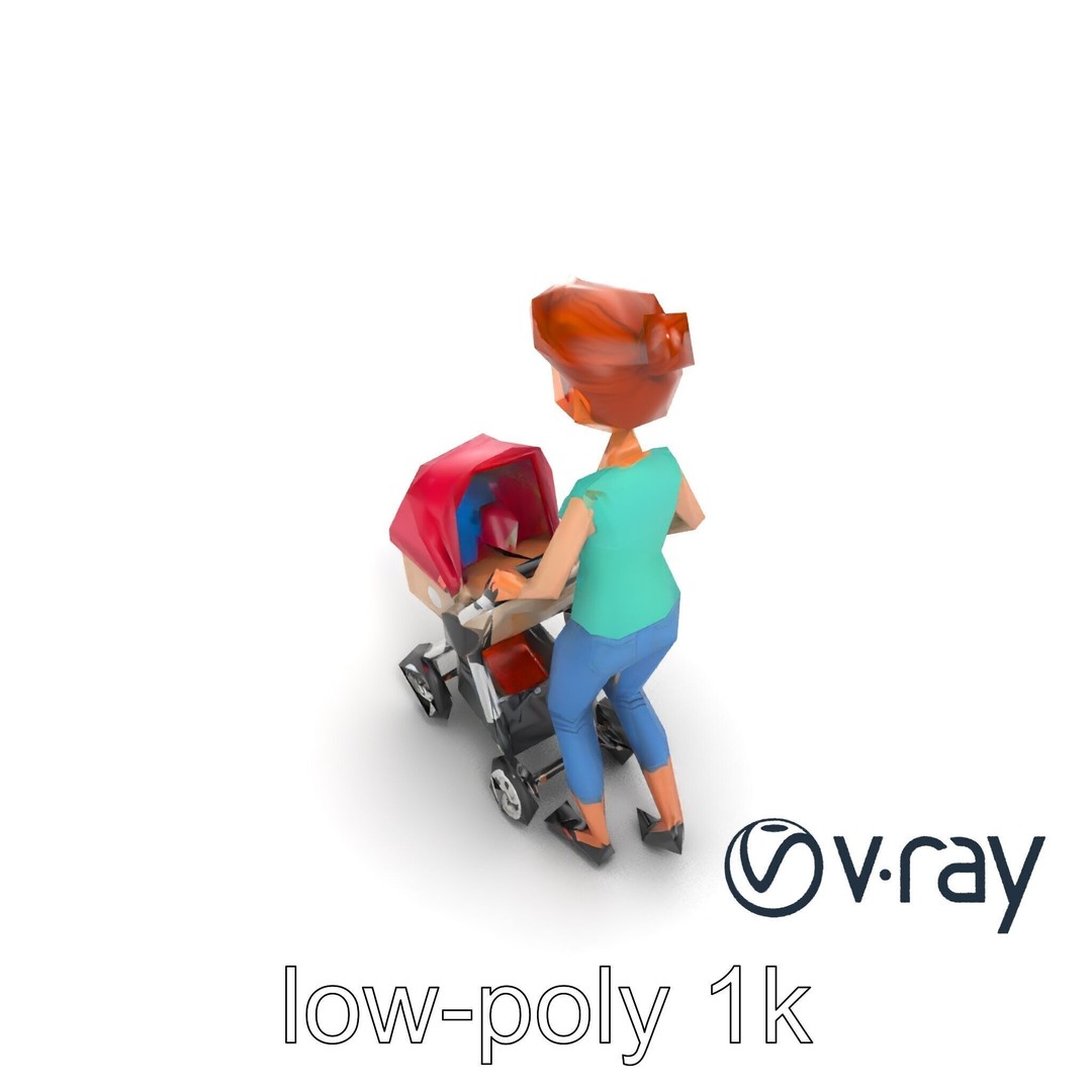 Cartoon Woman with Stroller 3D Model – Low Poly Game Asset, FBX - View 26