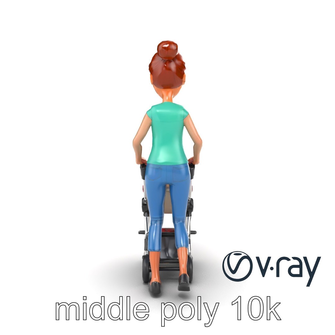 Cartoon Woman with Stroller 3D Model – Low Poly Game Asset, FBX - View 27