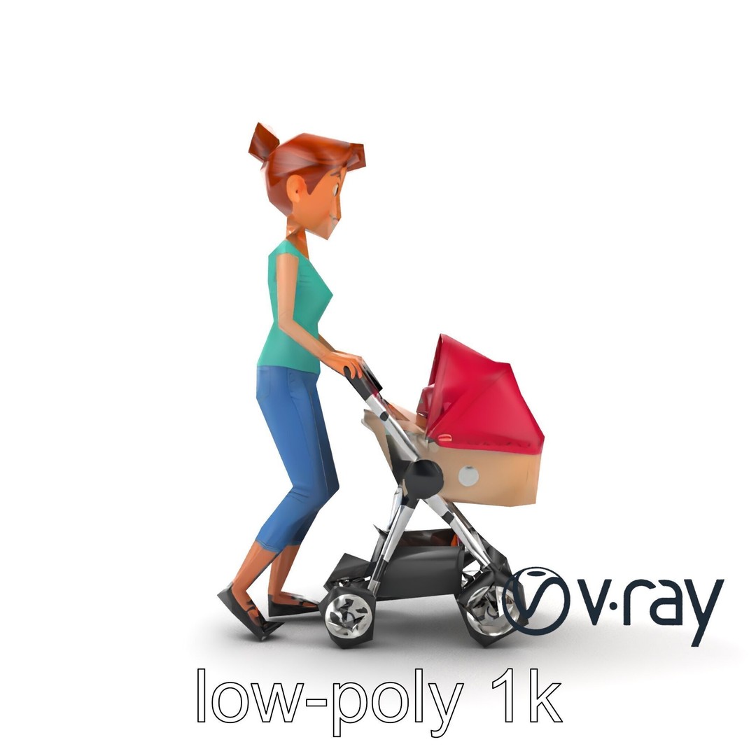 Cartoon Woman with Stroller 3D Model – Low Poly Game Asset, FBX - View 28