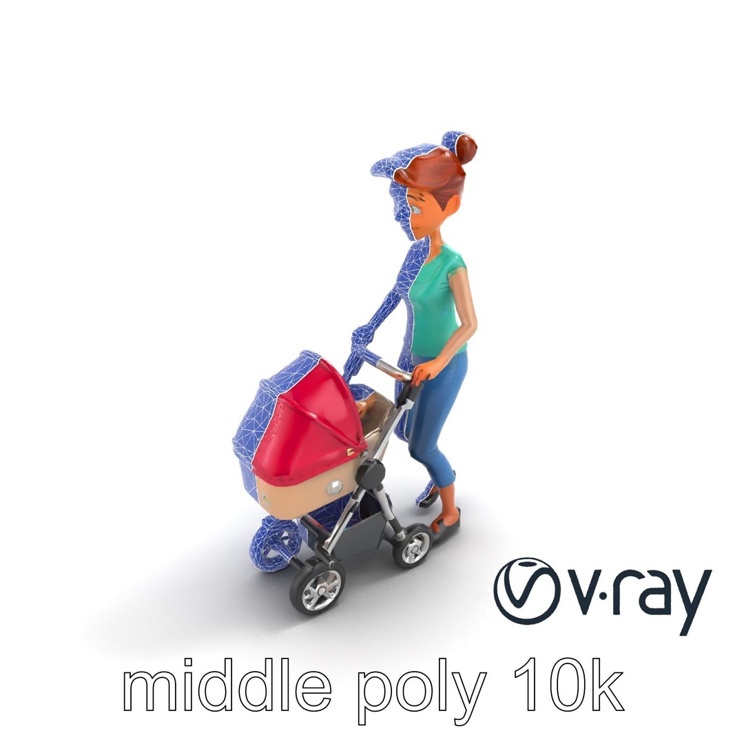 Cartoon Woman with Stroller 3D Model – Low Poly Game Asset, FBX - View 29