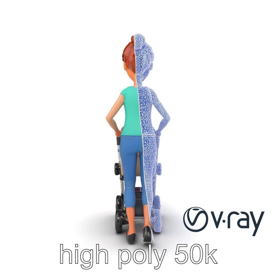 Cartoon Woman with Stroller 3D Model – Low Poly Game Asset, FBX - View 30