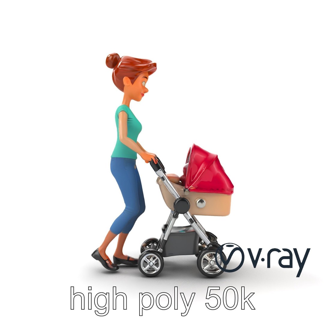 Cartoon Woman with Stroller 3D Model – Low Poly Game Asset, FBX - View 31