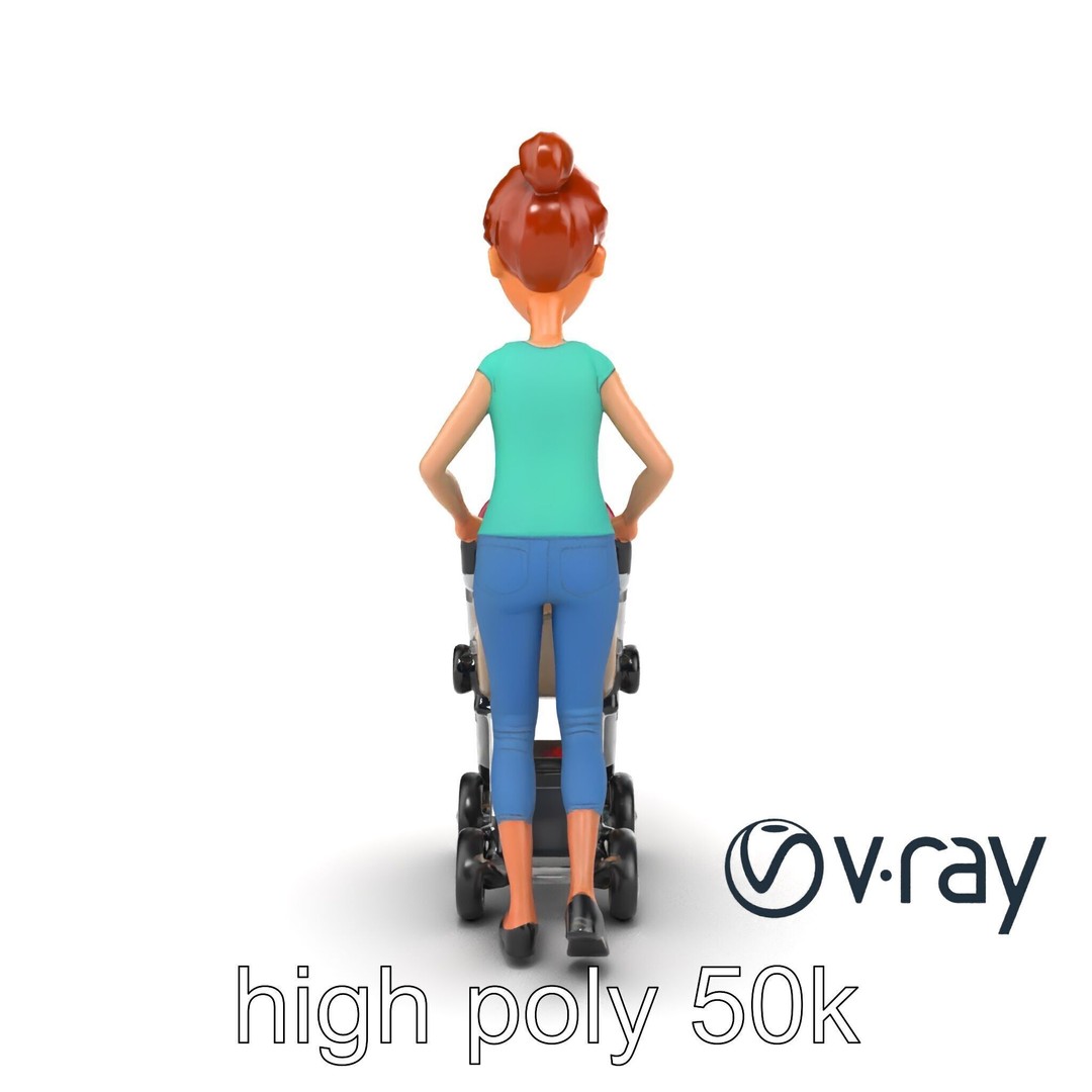 Cartoon Woman with Stroller 3D Model – Low Poly Game Asset, FBX - View 32