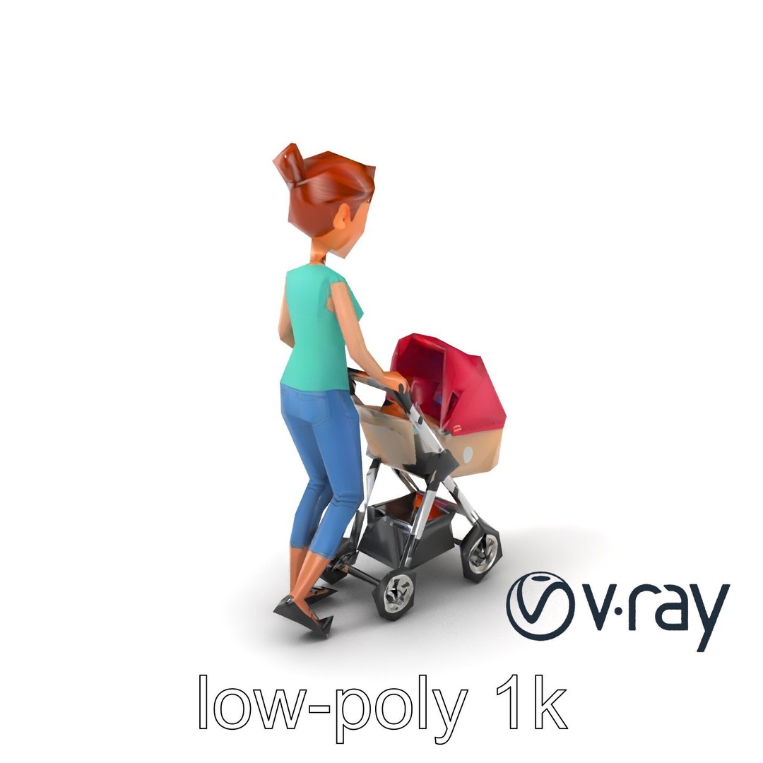 Cartoon Woman with Stroller 3D Model – Low Poly Game Asset, FBX - View 4