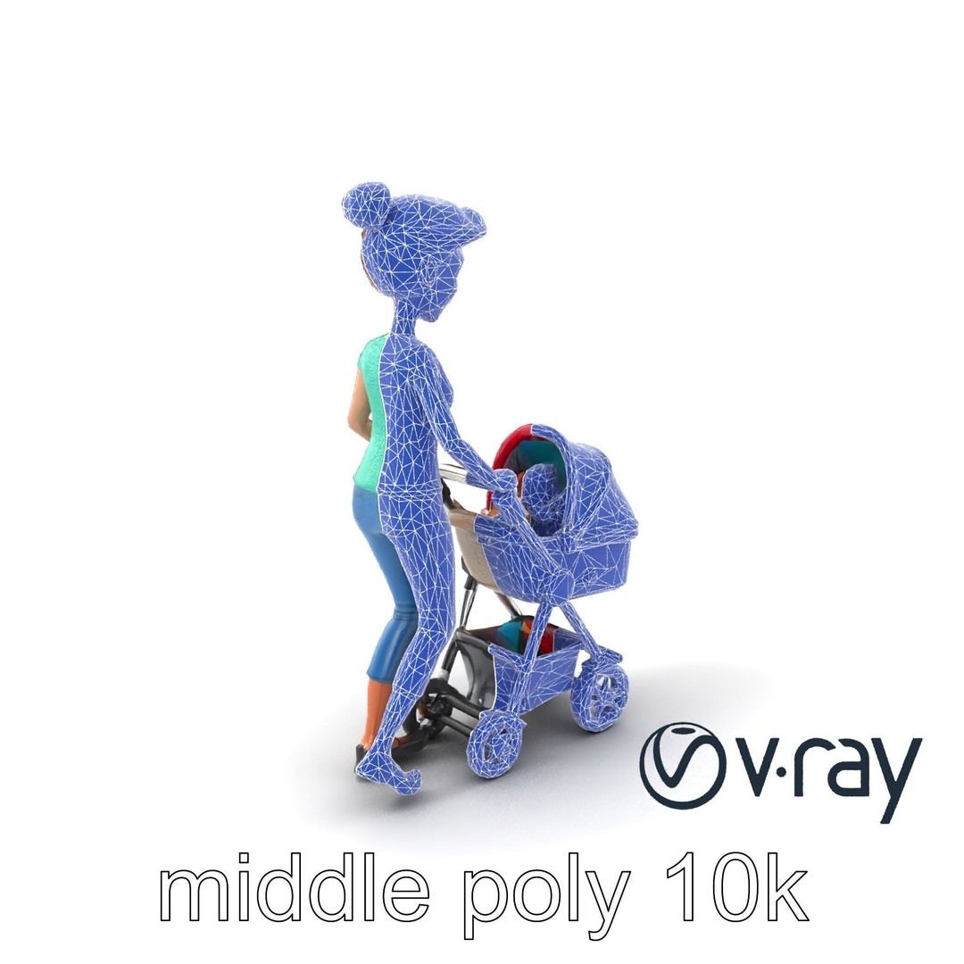 Cartoon Woman with Stroller 3D Model – Low Poly Game Asset, FBX - View 6