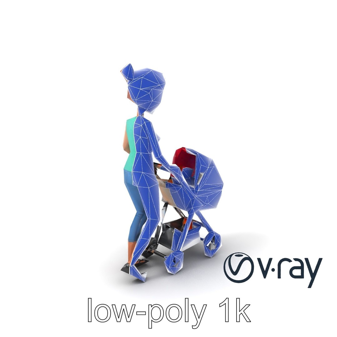 Cartoon Woman with Stroller 3D Model – Low Poly Game Asset, FBX - View 7