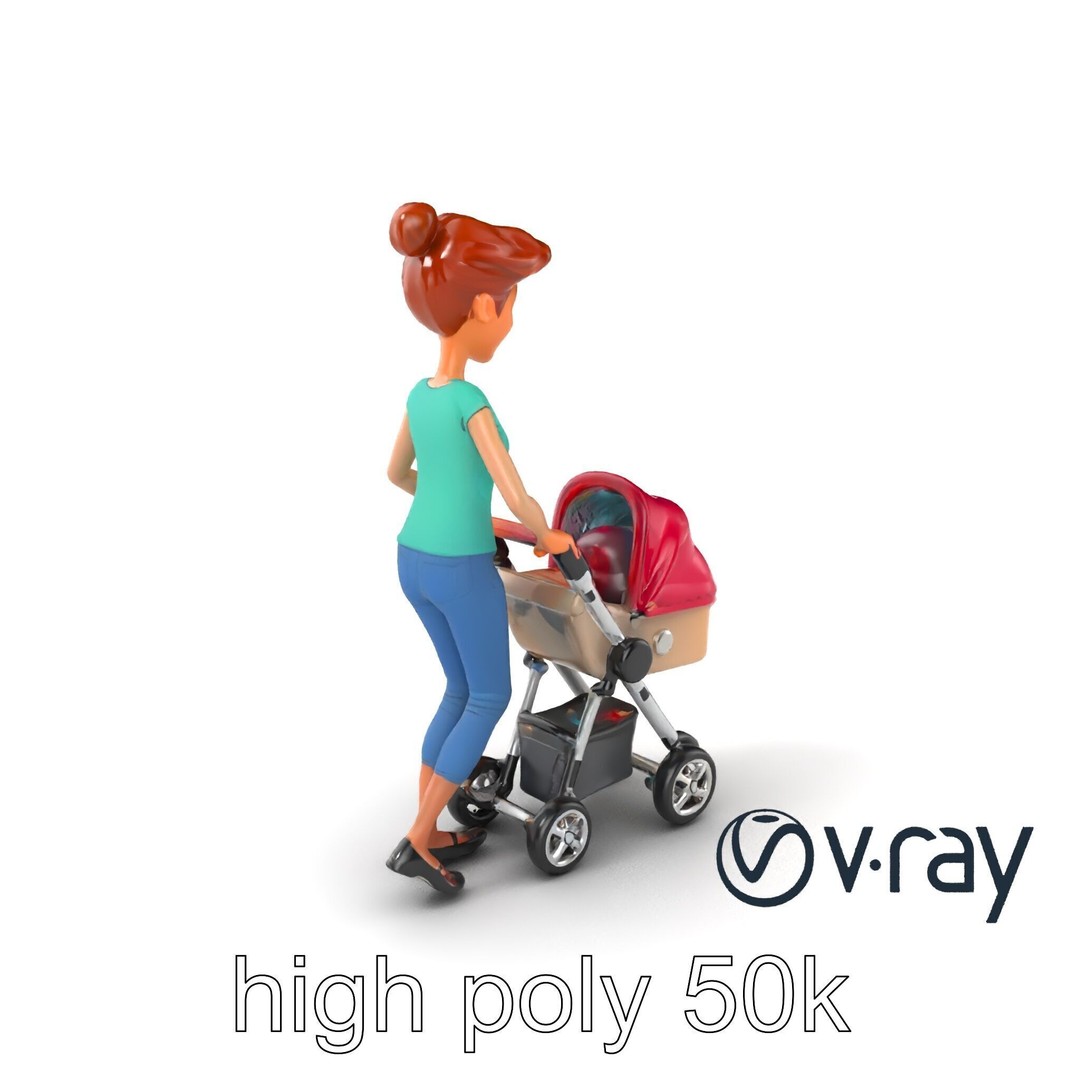 Cartoon Woman with Stroller 3D Model – Low Poly Game Asset, FBX - View 8