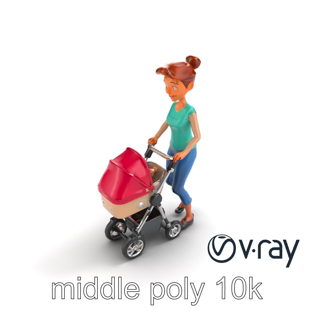 Cartoon Woman with Stroller 3D Model – Low Poly Game Asset, FBX - View 9