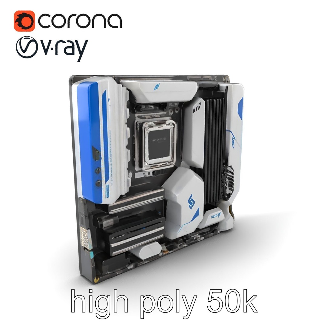 Futuristic Motherboard 3D Model – Low Poly Modular Design, FBX - View 4