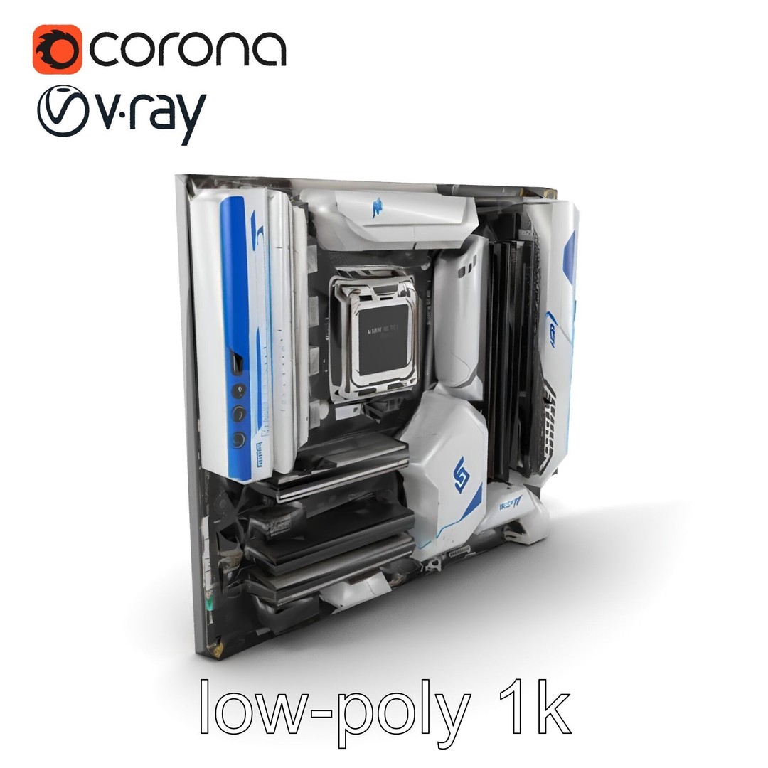 Futuristic Motherboard 3D Model – Low Poly Modular Design, FBX - View 6