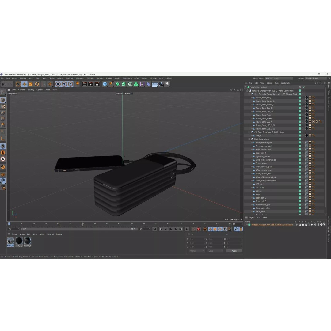 Portable Charger 3D Model – High Poly USB-C Power Bank, FBX, PBR