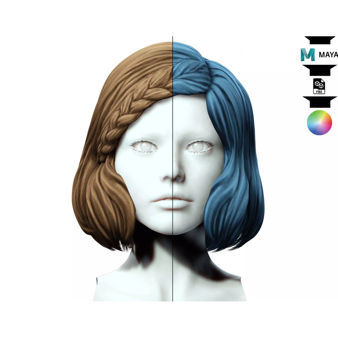 Female Short Hair 3D Model – Low Poly Braid, Game Ready FBX - View 2