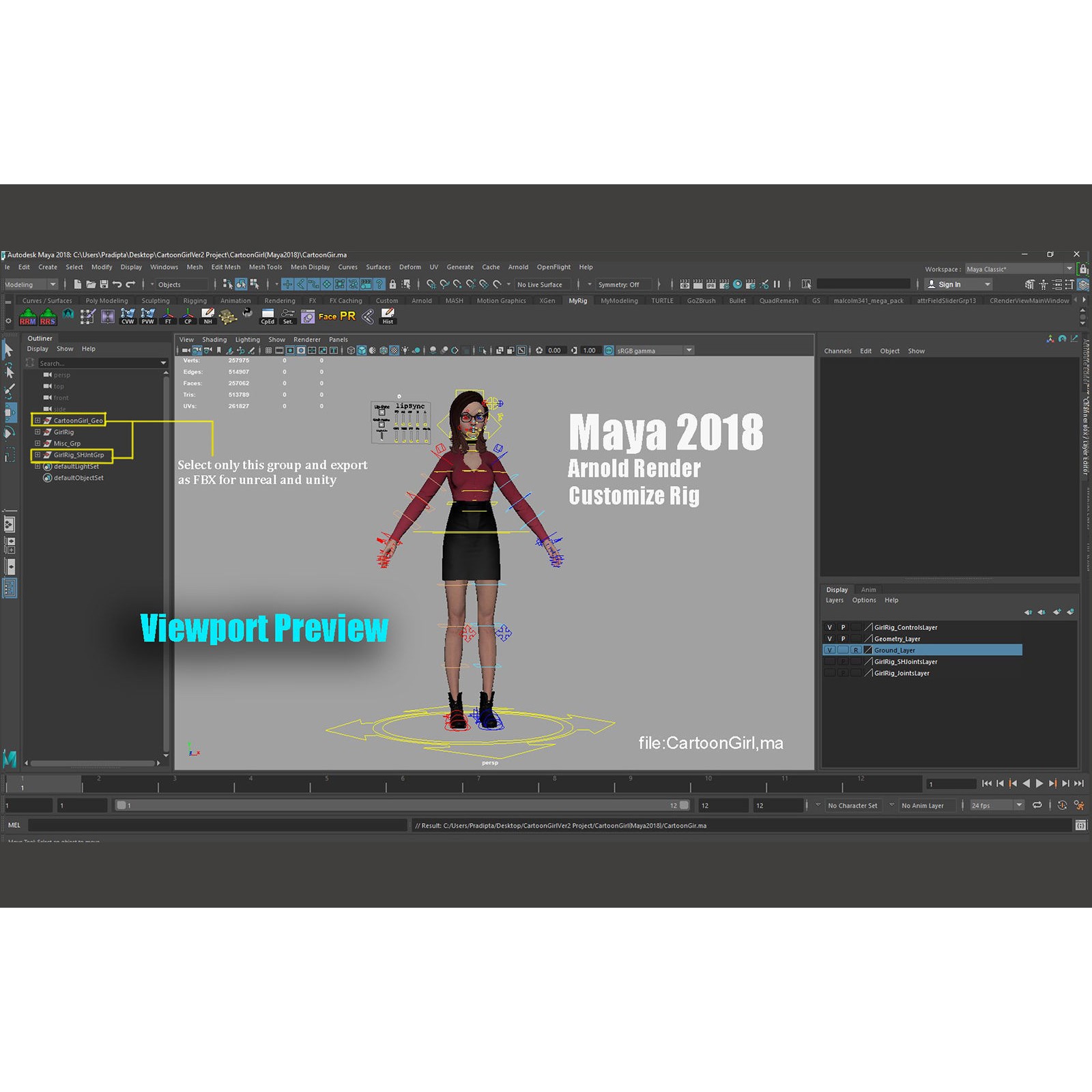 Cartoon Girl Rig - Low-Poly Game-Ready 3D Model - View 16