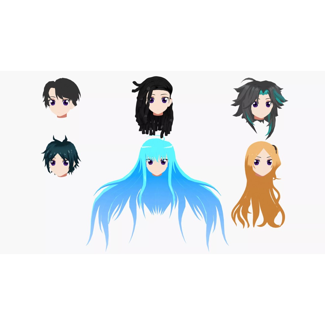 Anime Hair 3D Model – Low Poly Character Asset, FBX, Blender - View 2