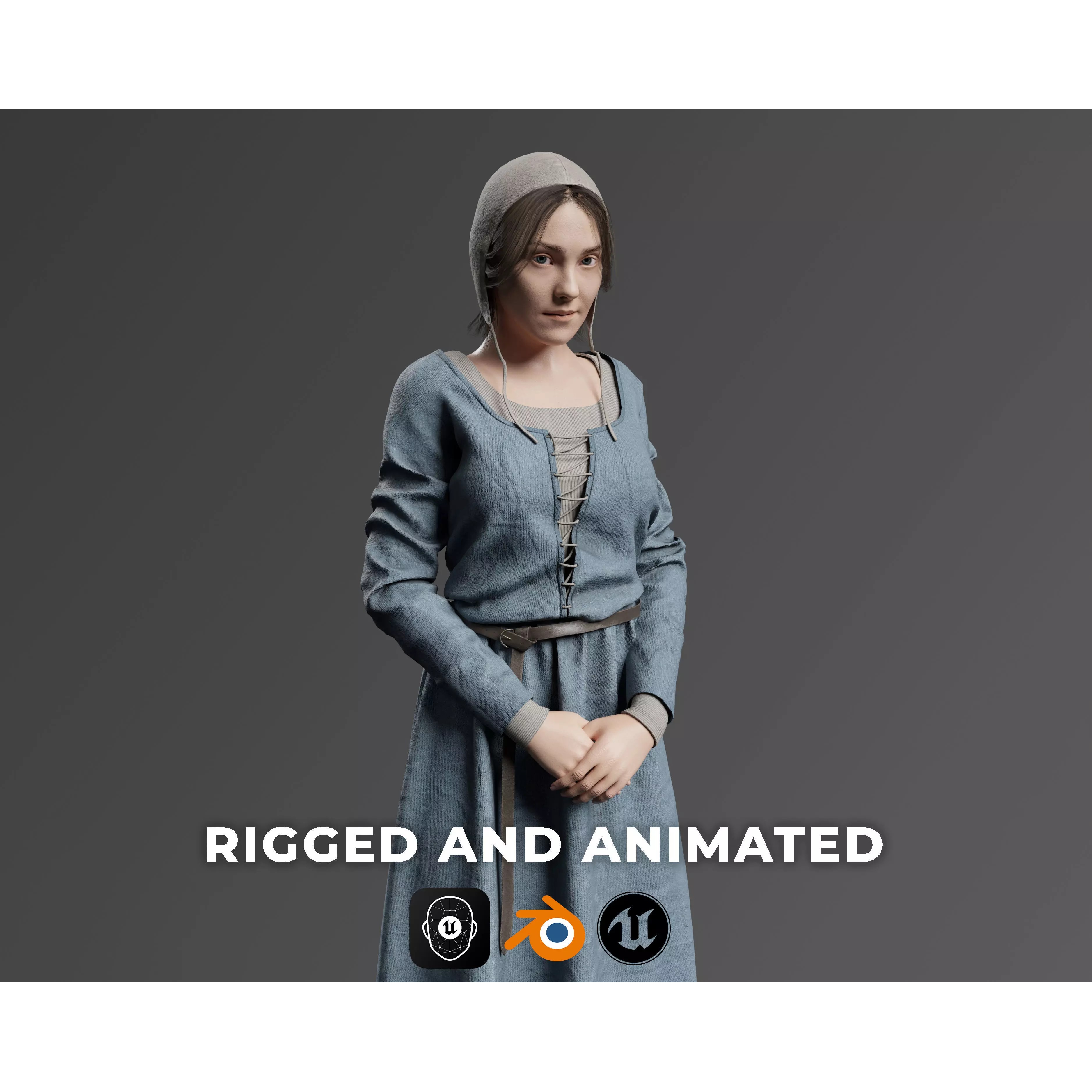 Medieval Peasant Female - Low-Poly Game-Ready 3D Model - View 2