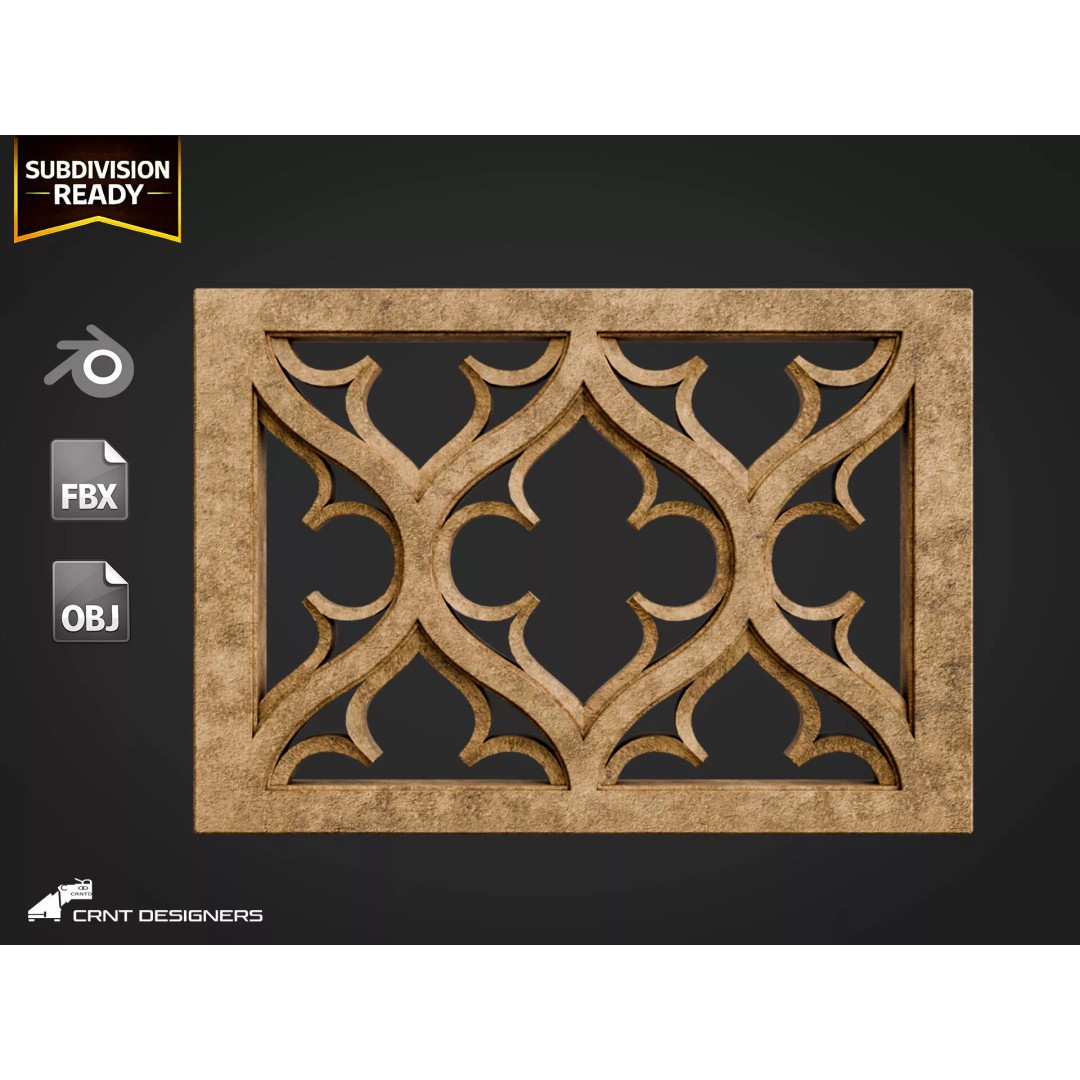 Gothic Wall Panel Ornament 3D Model – Low Poly Architectural Decoration, FBX - View 2