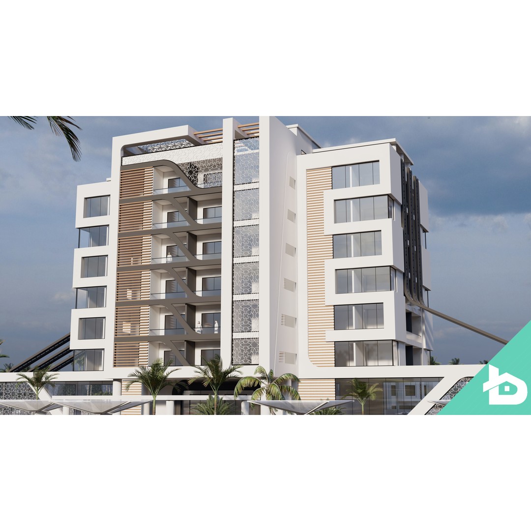 Hotel Complex 3D Model – Modern Architectural Design with Pool & Park - View 3