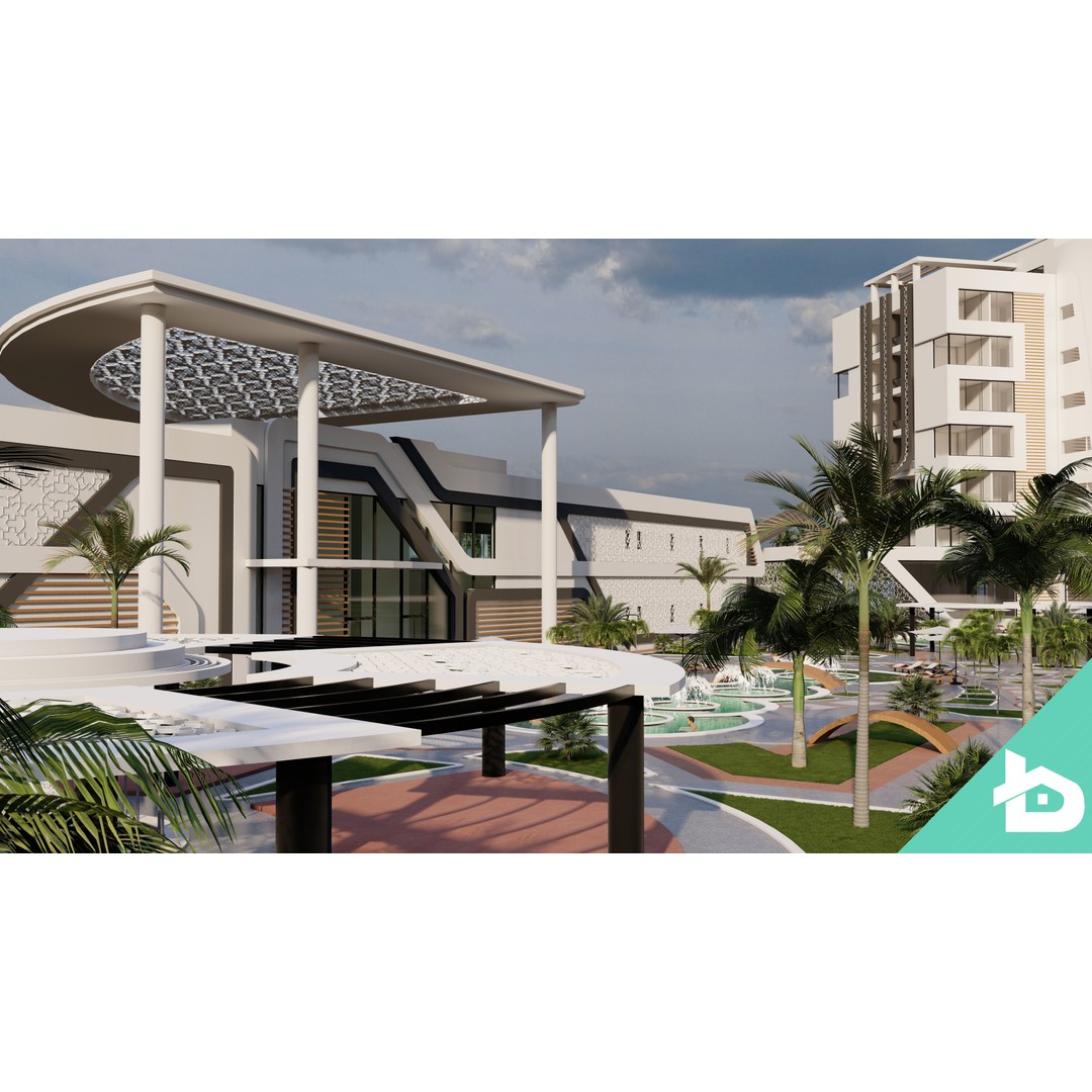 Hotel Complex 3D Model – Modern Architectural Design with Pool & Park - View 9
