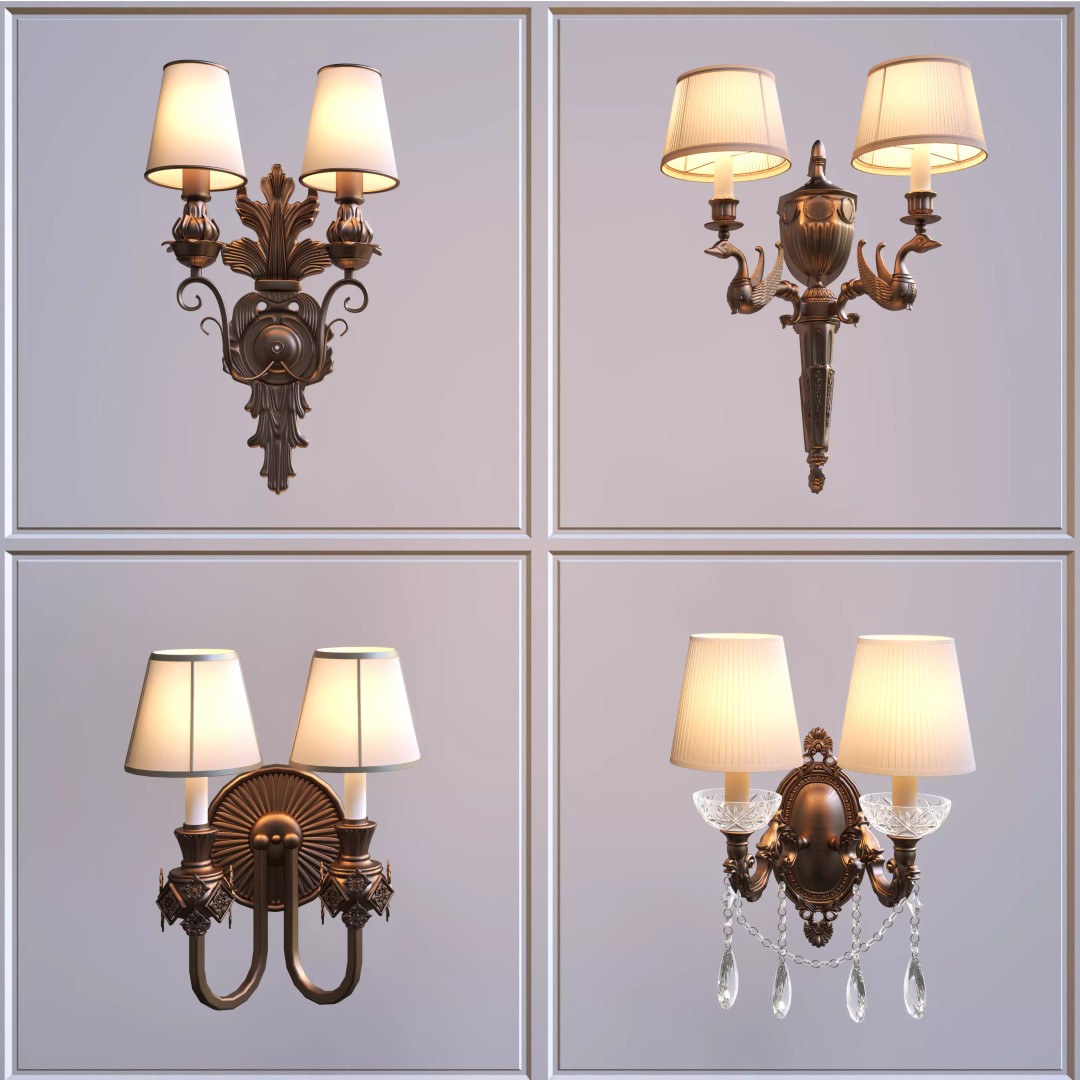 Vintage Double-Head Wall Sconces 3D Model – European Classic Design, FBX & OBJ - View 2