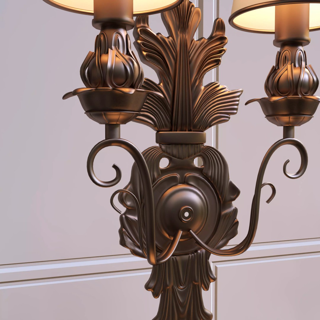 Vintage Double-Head Wall Sconces 3D Model – European Classic Design, FBX & OBJ - View 6