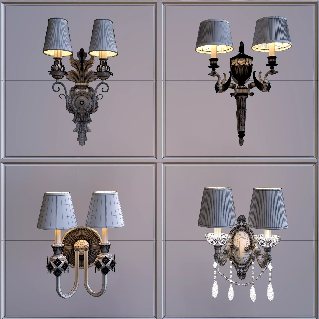 Vintage Double-Head Wall Sconces 3D Model – European Classic Design, FBX & OBJ - View 9