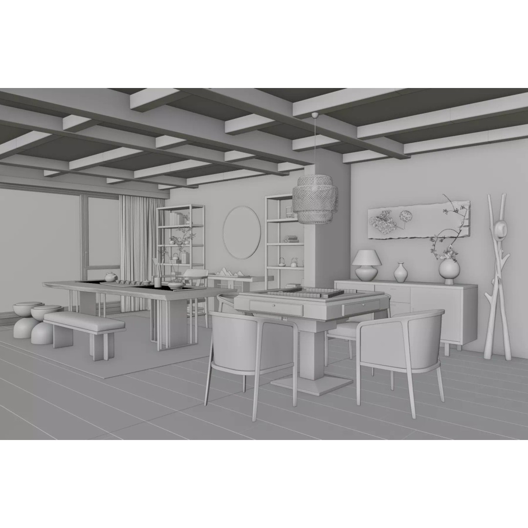 Modern Rustic Dining Room 3D Model – Contemporary Interior, FBX, OBJ