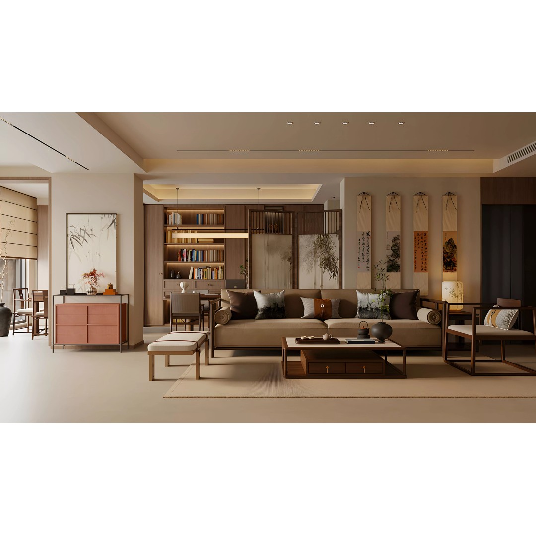 Chinese Style Living and Dining Room 3D Model – PBR Textures, FBX, OBJ - View 2