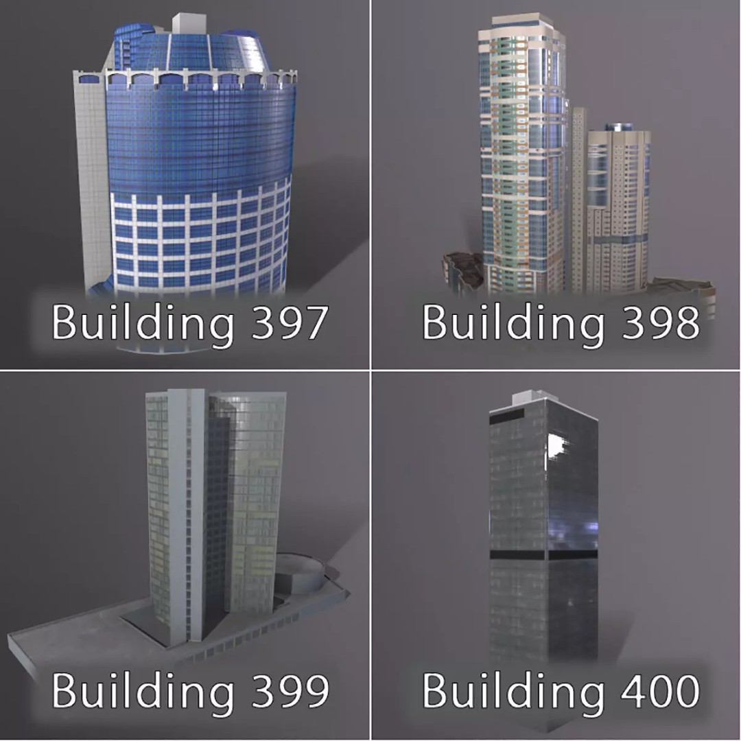 City Buildings 3D Model – Low Poly Urban Pack with Night Textures