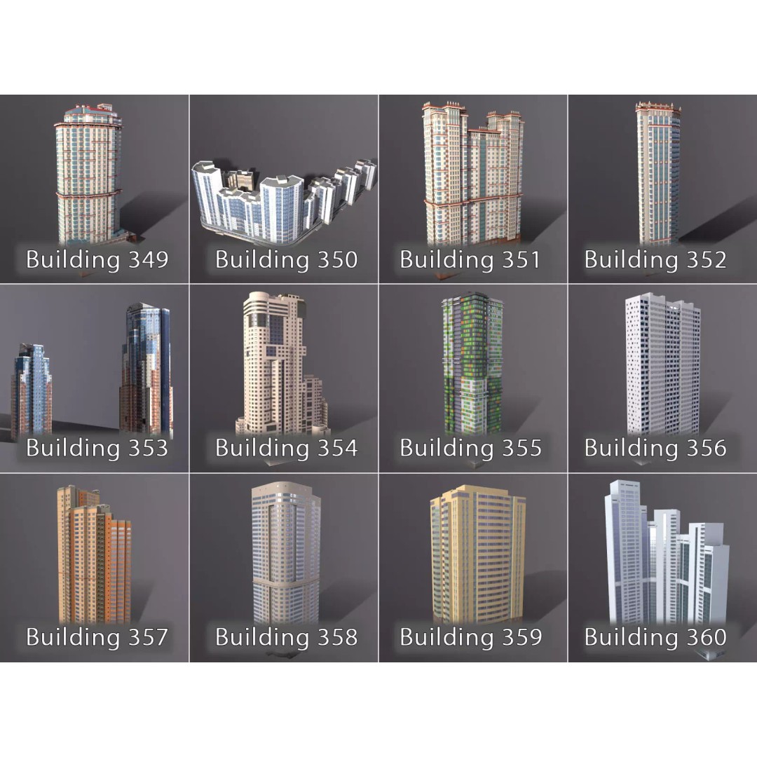 City Buildings 3D Model – Low Poly Urban Pack with Night Textures - View 10