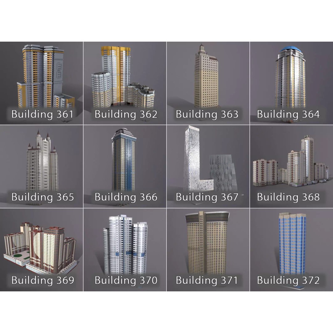 City Buildings 3D Model – Low Poly Urban Pack with Night Textures - View 11