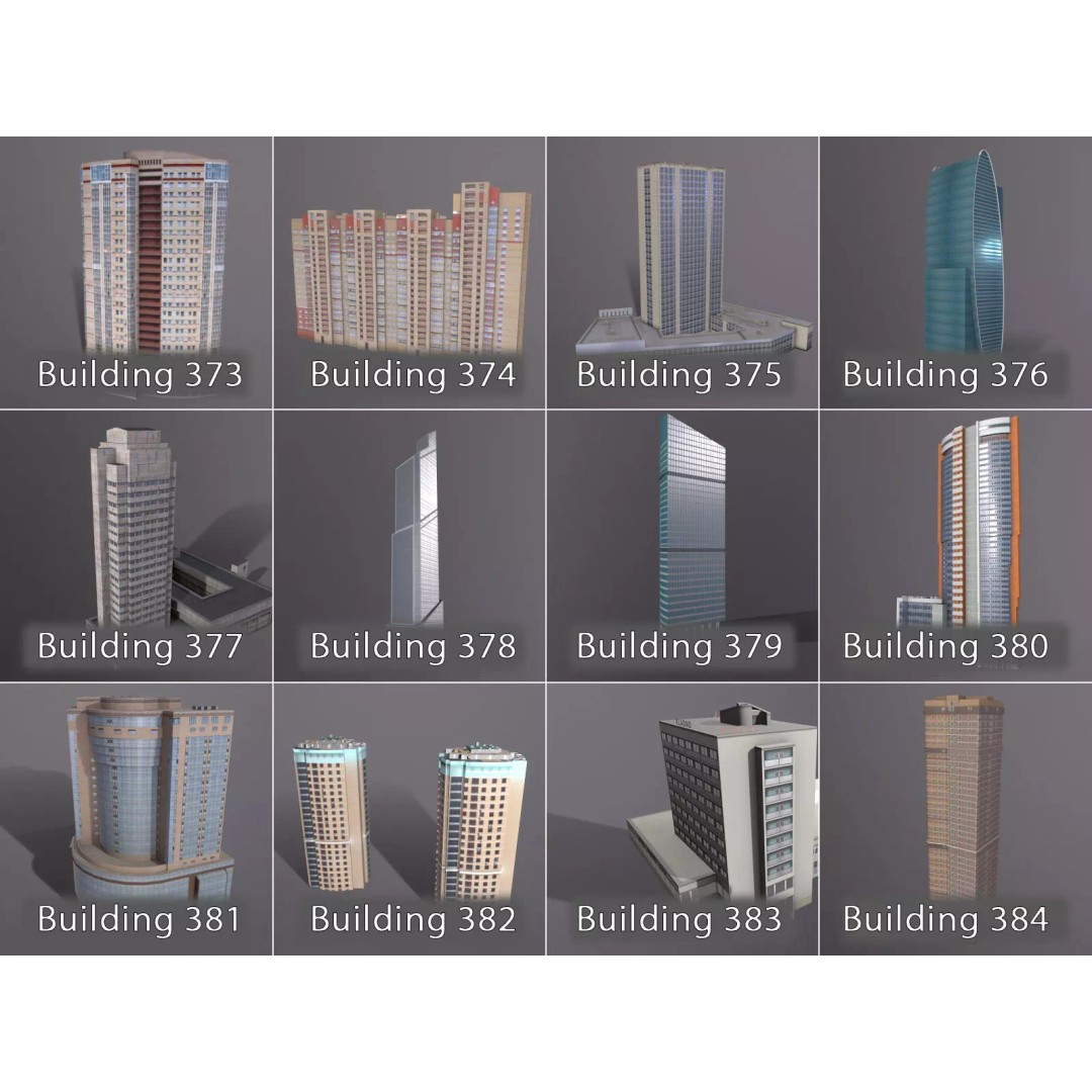 City Buildings 3D Model – Low Poly Urban Pack with Night Textures - View 12