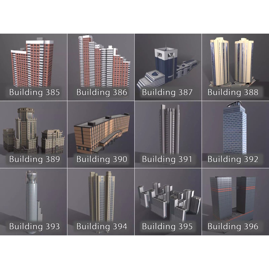 City Buildings 3D Model – Low Poly Urban Pack with Night Textures - View 13
