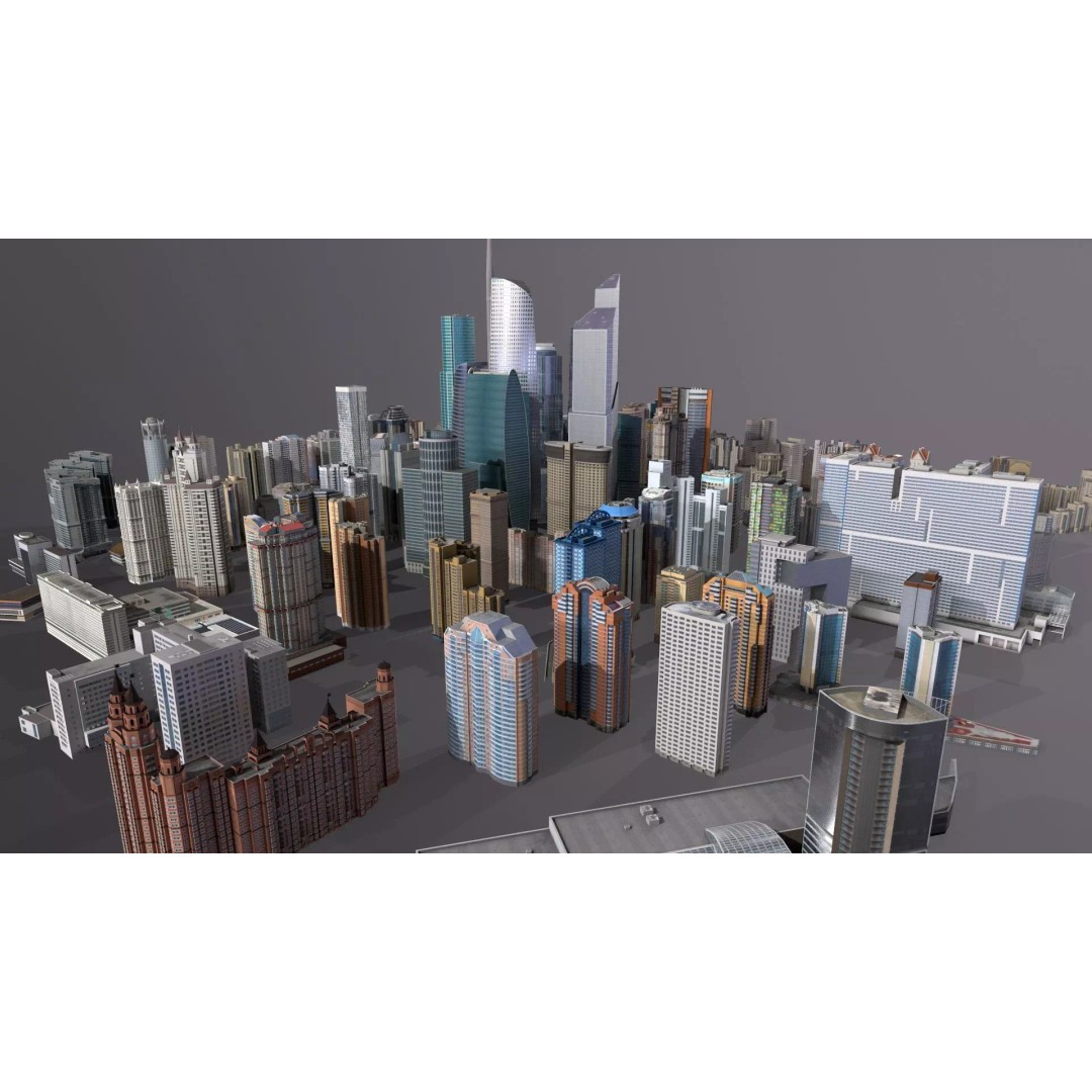 City Buildings 3D Model – Low Poly Urban Pack with Night Textures - View 2