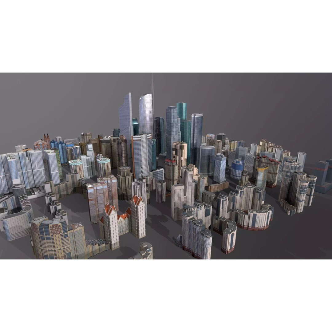 City Buildings 3D Model – Low Poly Urban Pack with Night Textures - View 3