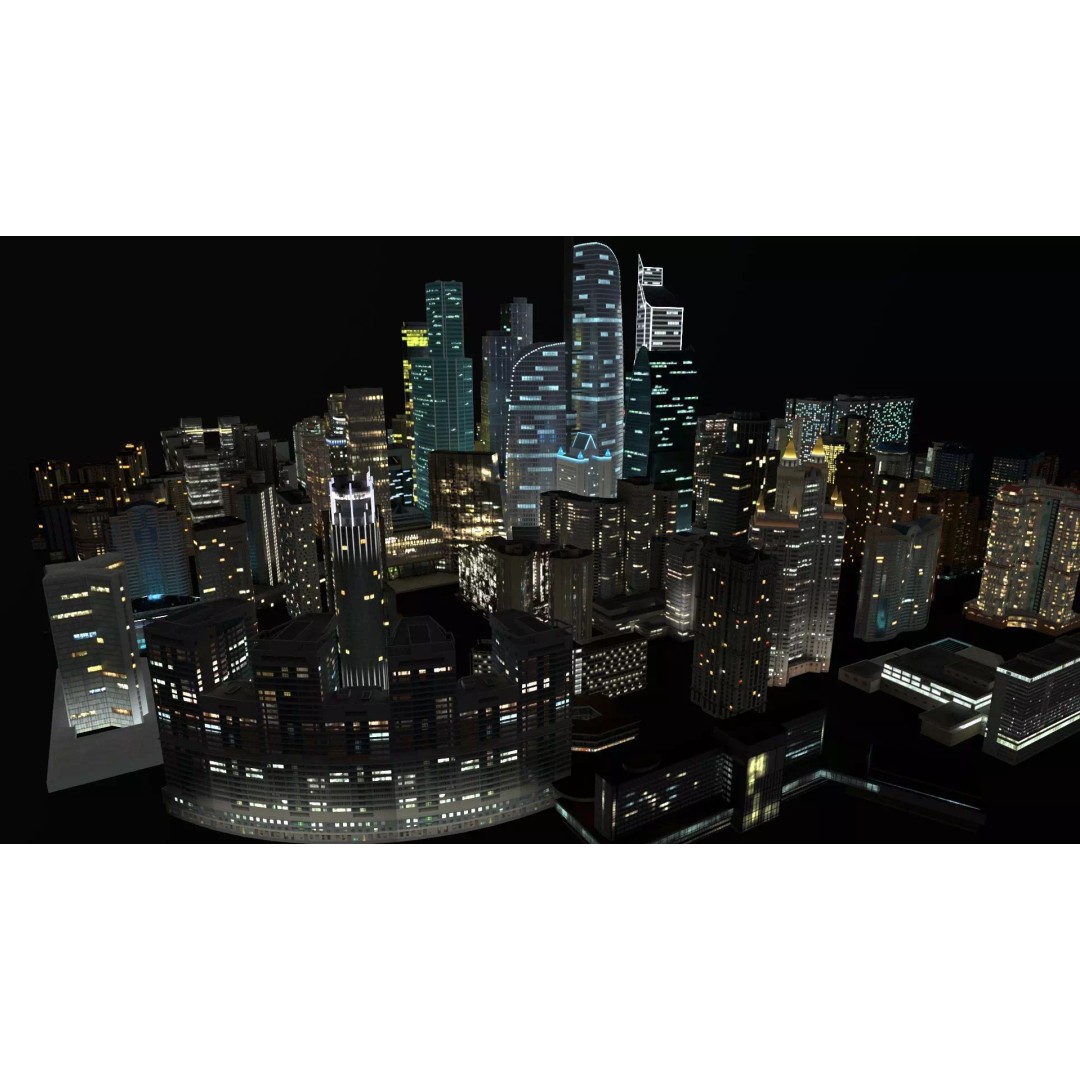 City Buildings 3D Model – Low Poly Urban Pack with Night Textures - View 4