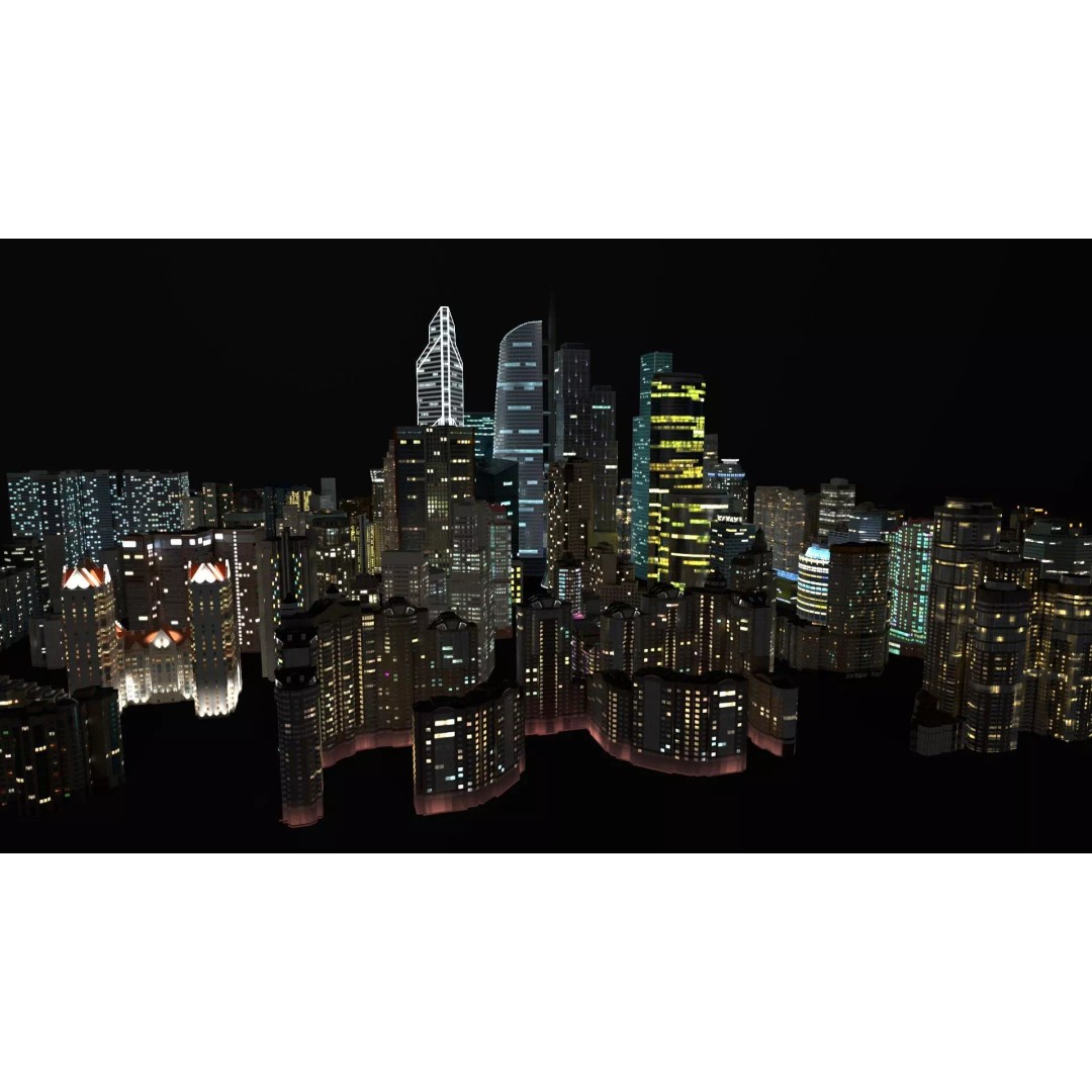 City Buildings 3D Model – Low Poly Urban Pack with Night Textures - View 5